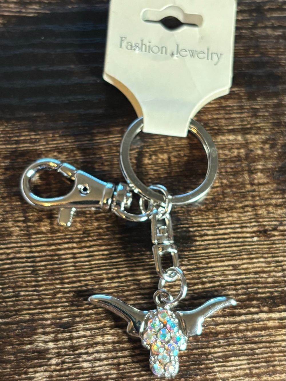 Silver Tone Iridescent Crystal Longhorn Bull Charm Keychain‎